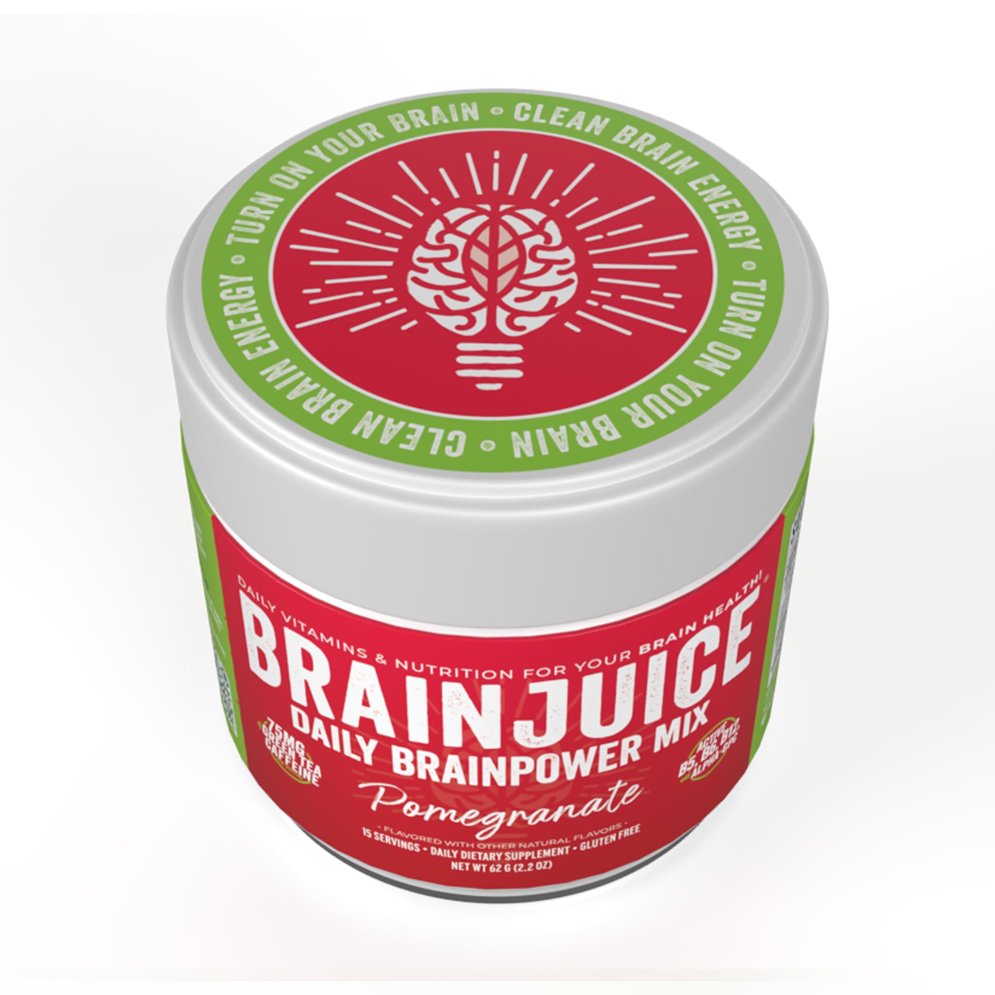 BrainJuice pomegranate flavor powder ready to mix in beverage.