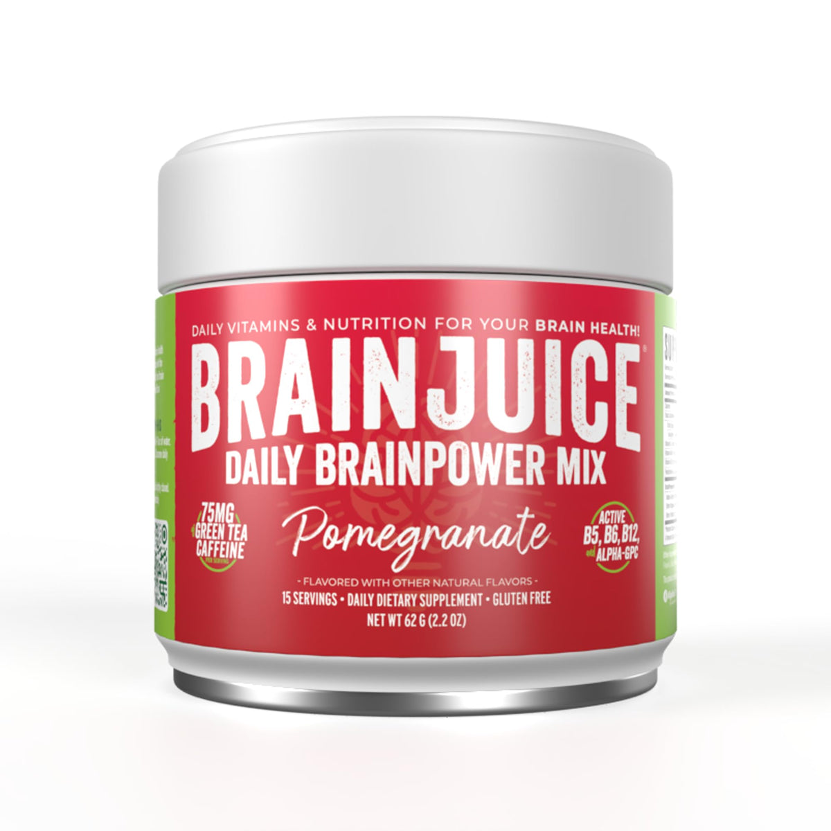 BrainJuice bottle and scoop label highlighting gluten-free focus support.