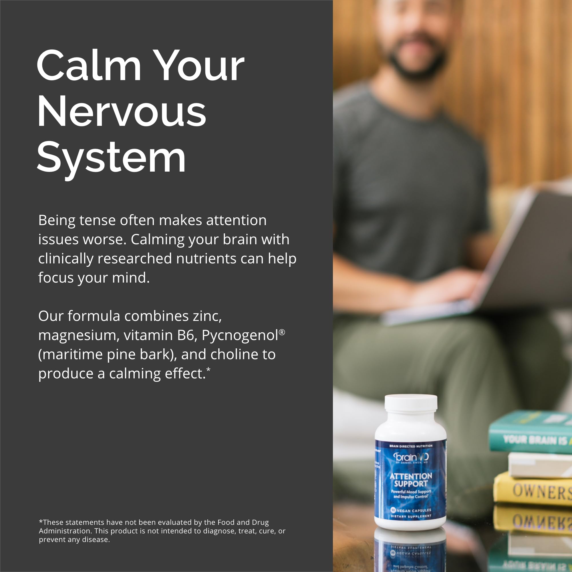 BrainMD Attention Support instruction card showing easy daily use guidance