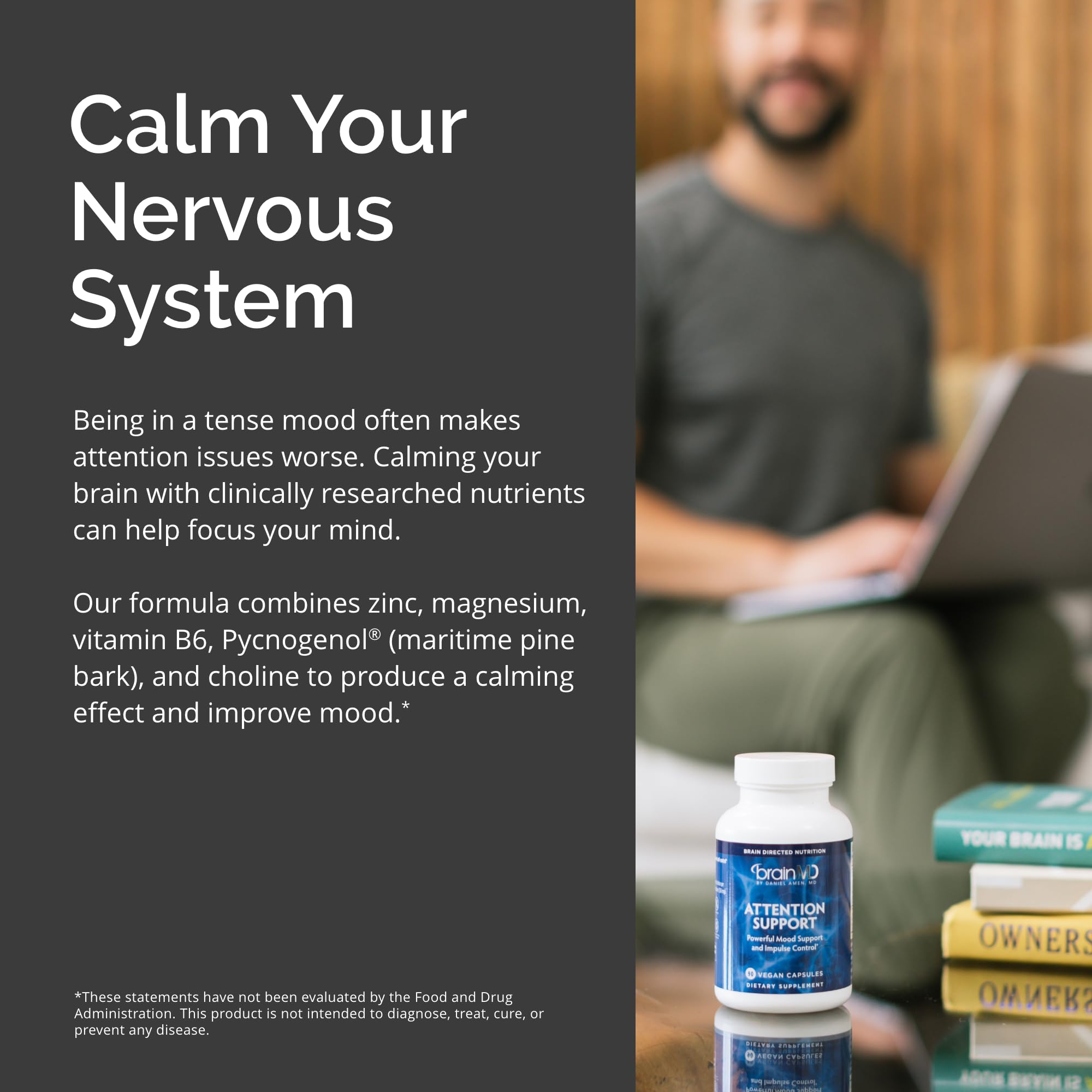 BrainMD Attention Support serving-size graphic indicates 30 servings per bottle