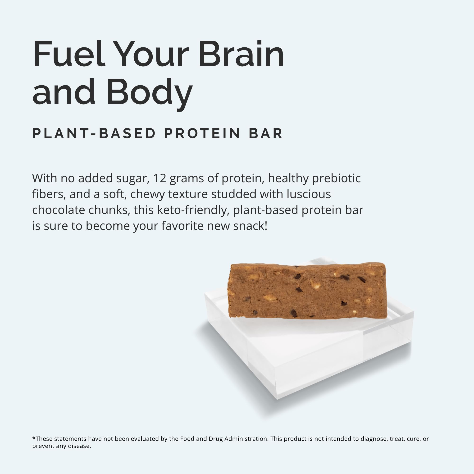 BrainMD Brain Boost bar close-up with chocolate chunks for a chewy chocolate experience.