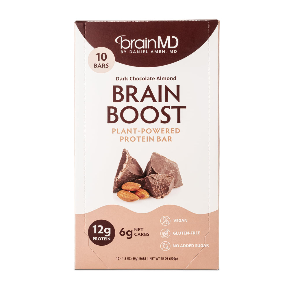 BrainMD Brain Boost packaging front showing vegan, keto-friendly protein bar for on-the-go.