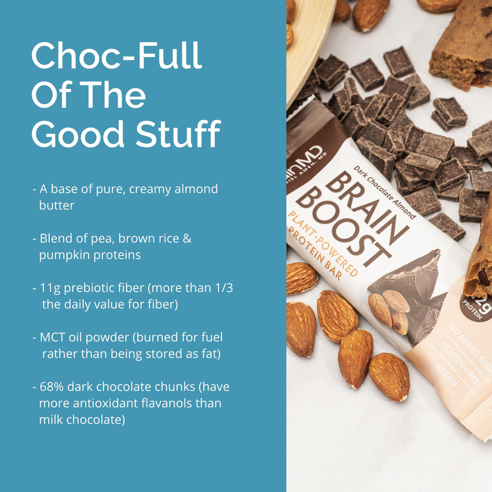 BrainMD Brain Boost serving plate suggests a convenient dairy-free snack option.