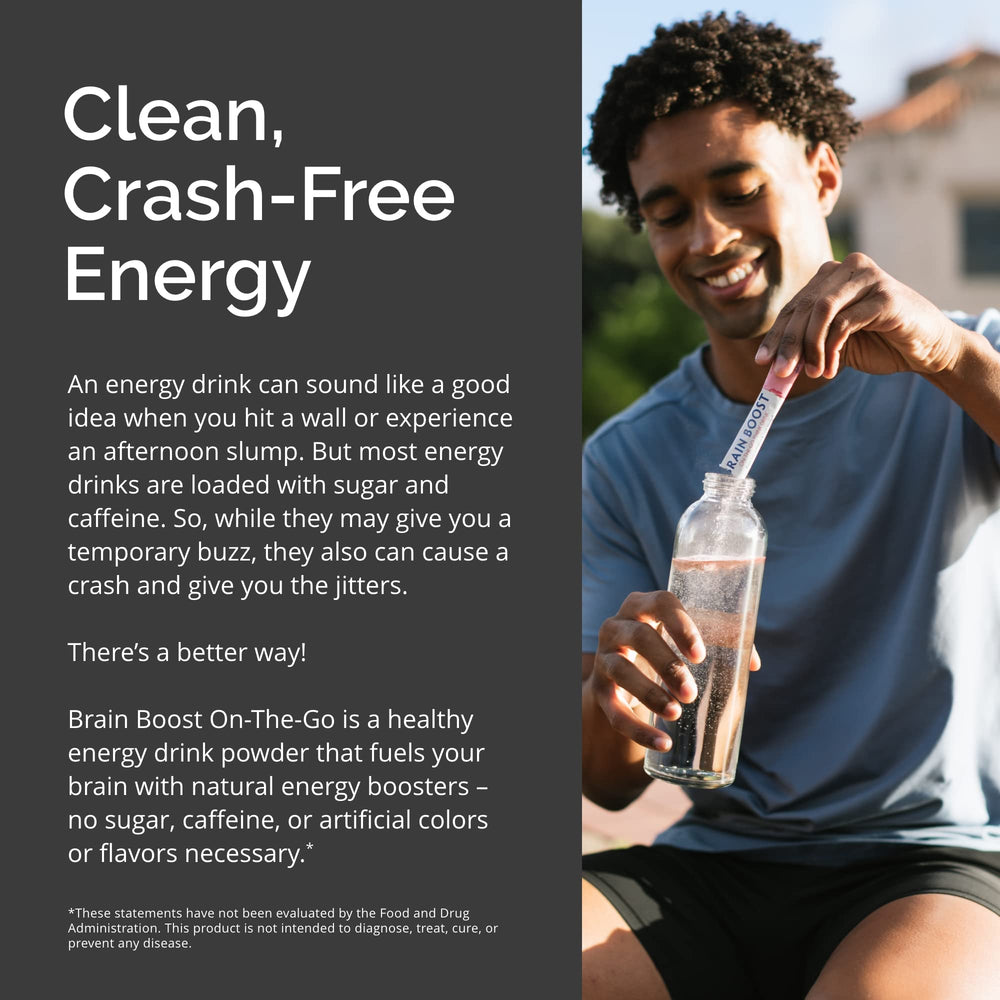 Box of Brain Boost On The Go packets for convenient on-the-go energy