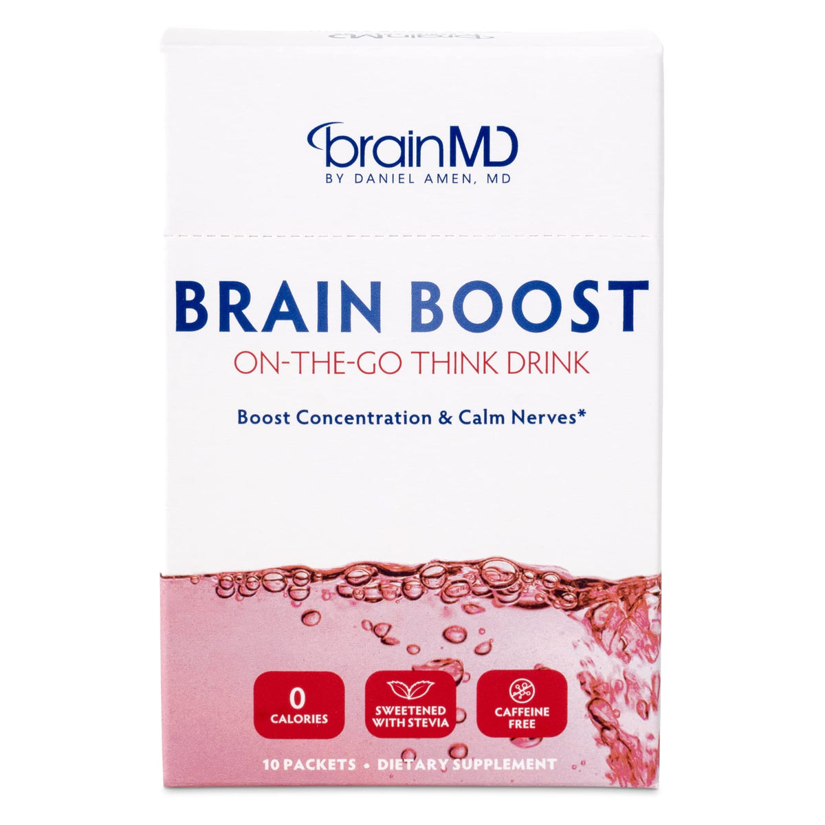 BrainMD Brain Boost On The Go berry packet ready to mix for focus
