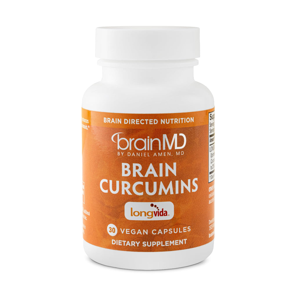 BrainMD Brain Curcumins bottle front highlights Longvida curcumin for cognitive support