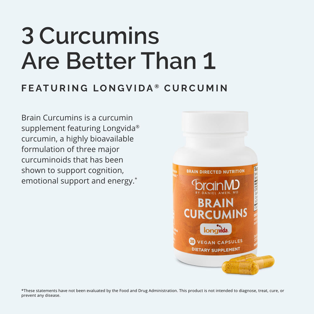 BrainMD Brain Curcumins capsules closeup emphasizing enhanced absorption with Longvida