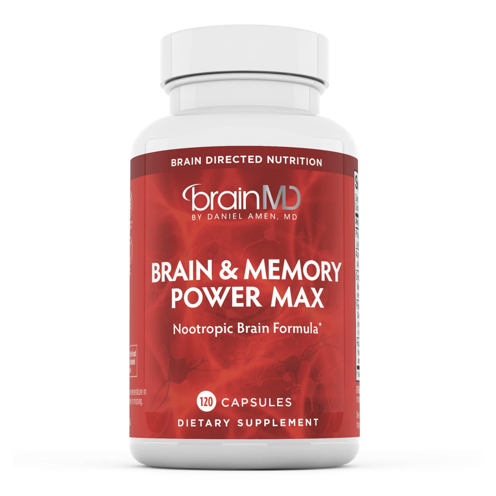 BrainMD Brain & Memory Power MAX bottle emphasizes focus and recall through a science-backed blend.