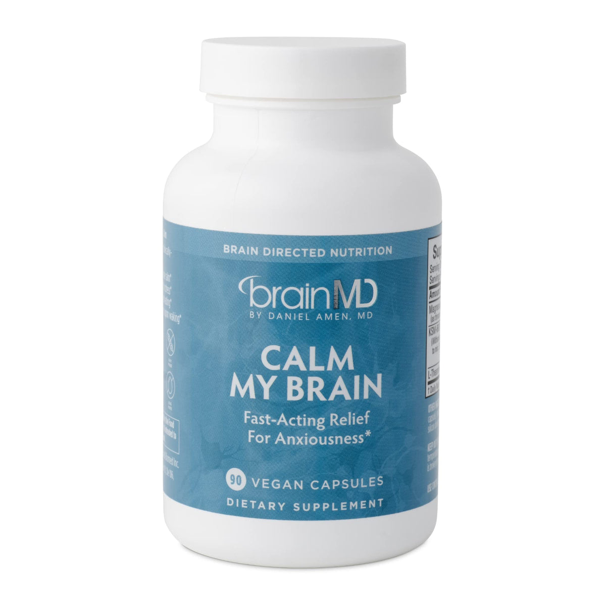 BrainMD Calm My Brain bottle pour showing a quick, non-drowsy calm focus effect