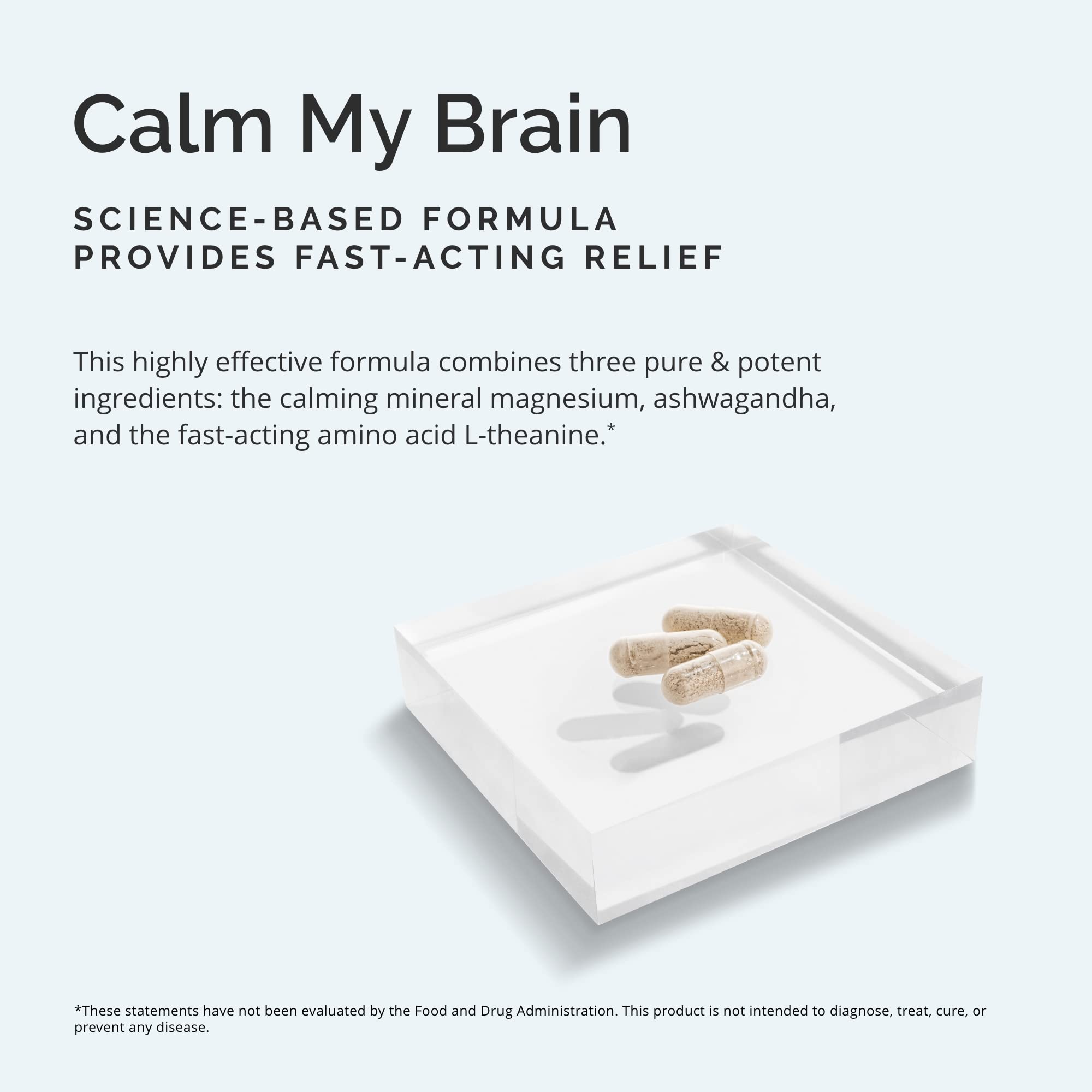Closeup of BrainMD Calm My Brain capsules ready for daily use