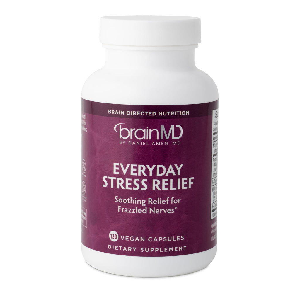 BrainMD Dr Amen Everyday Stress Relief bottle suggesting calm support for daily focus.