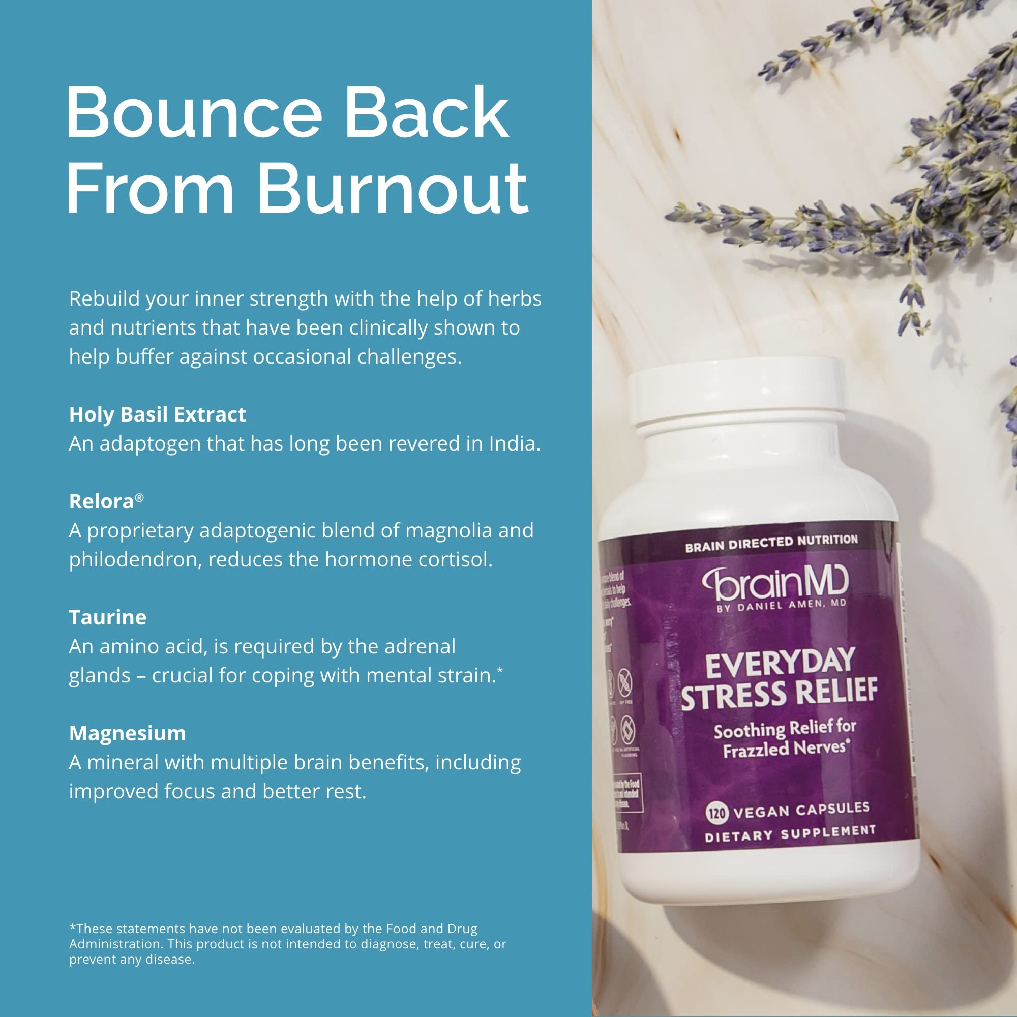 BrainMD Dr Amen Everyday Stress Relief with ingredients scene suggests adrenal balance support.