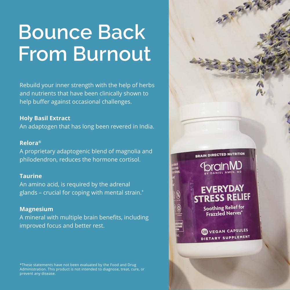 BrainMD Dr Amen Everyday Stress Relief with ingredients scene suggests adrenal balance support.