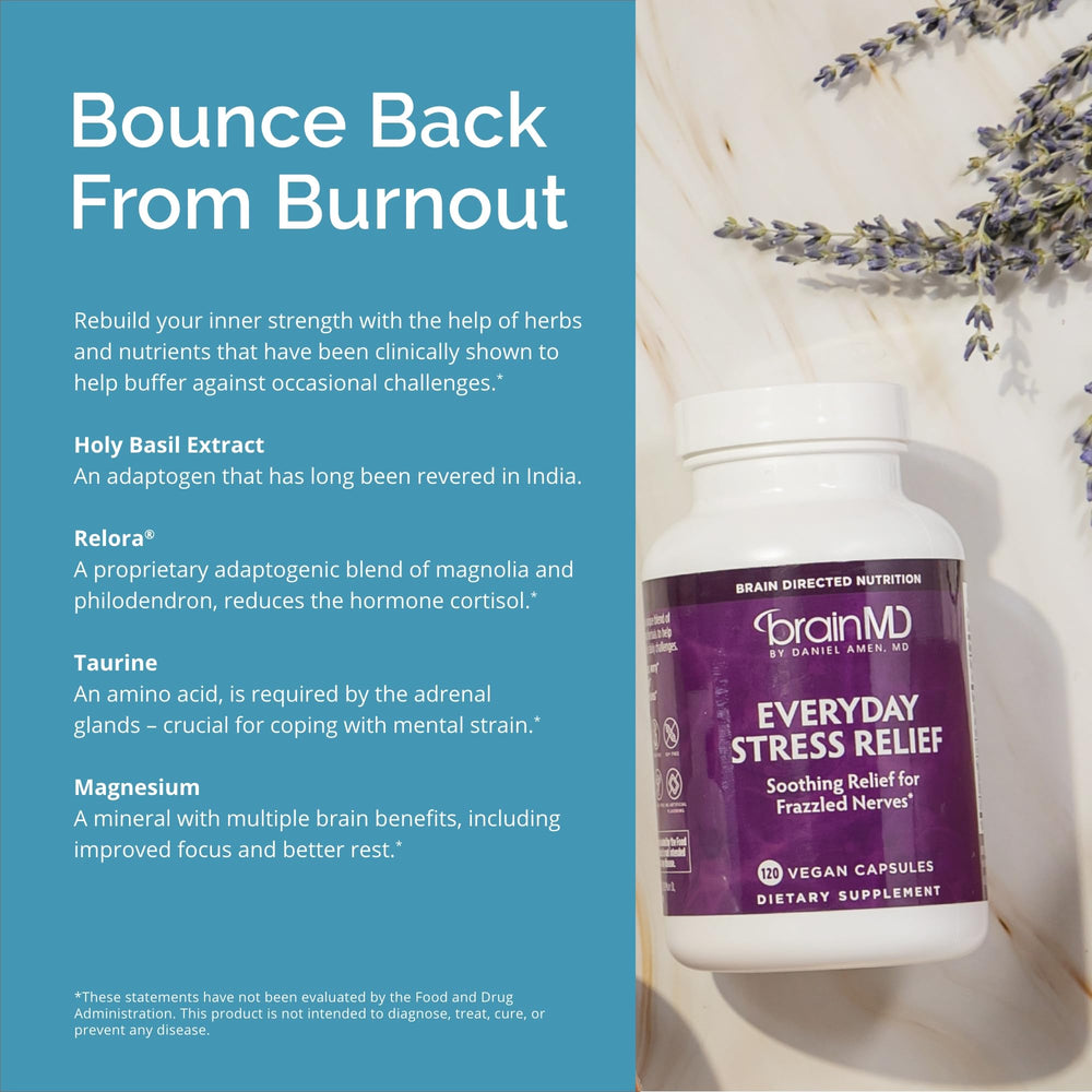 BrainMD Dr Amen Everyday Stress Relief packaging highlights gluten-free, non-drowsy design.