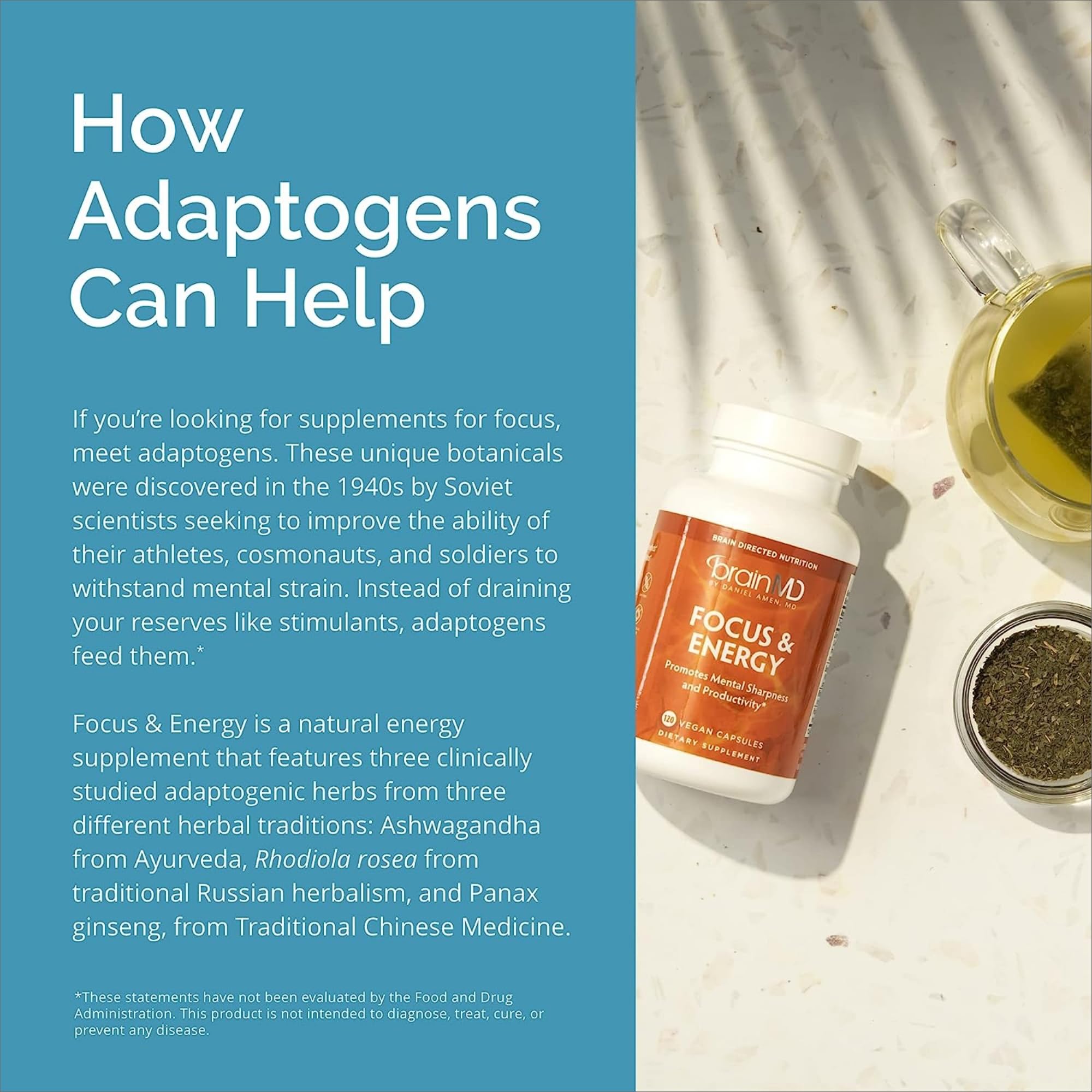 BrainMD Focus & Energy nutrition facts panel notes choline and adaptogens.
