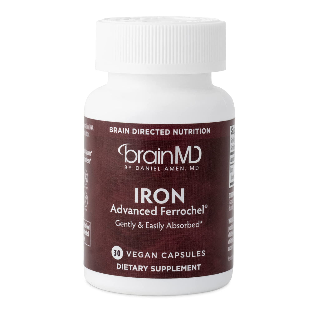 BrainMD Dr Amen Iron bottle and label show gentle absorption for daily energy support.