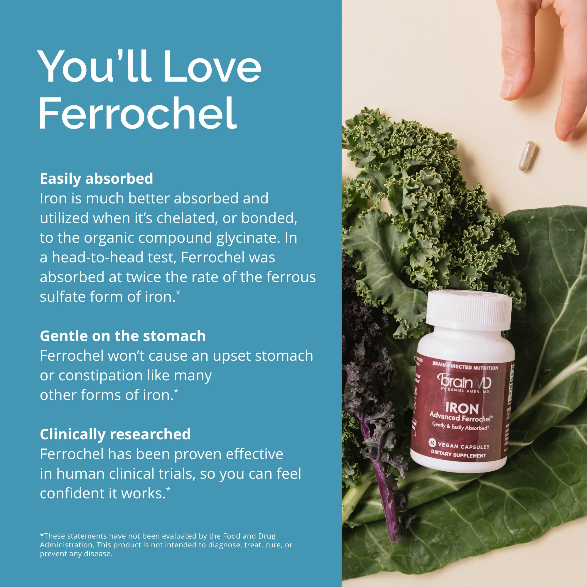 BrainMD Dr Amen Iron bottle on a counter, signaling easy absorption and everyday energy.