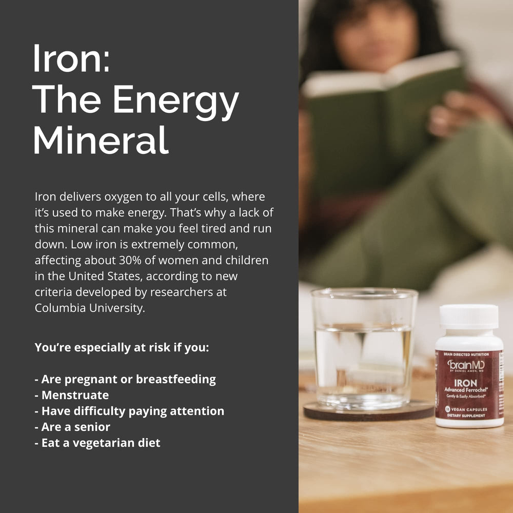 BrainMD Dr Amen Iron packaging highlighting gluten-free, doctor-formulated quality.