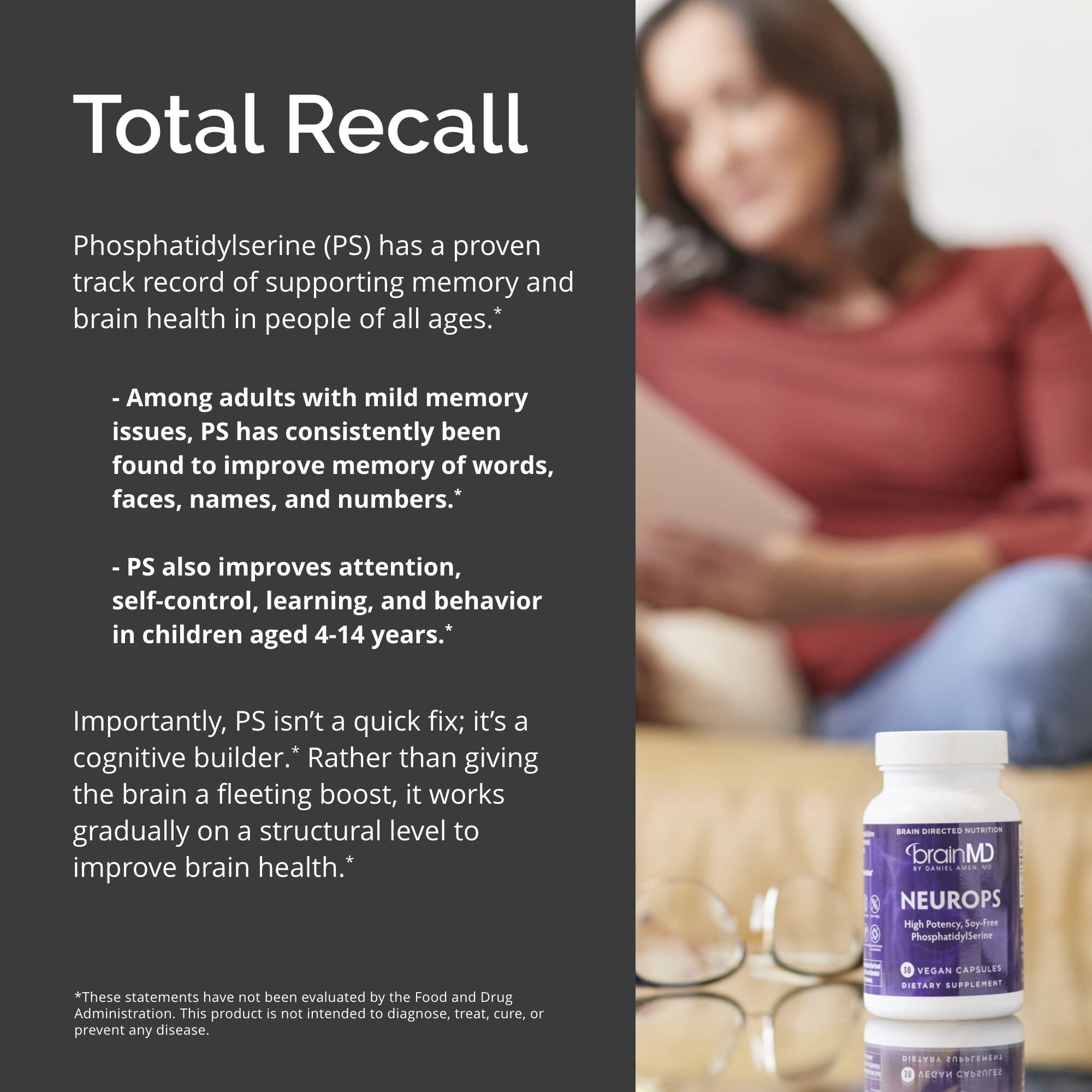 BrainMD NeuroPS glass bottle highlighting quality and doctor-formulated formula