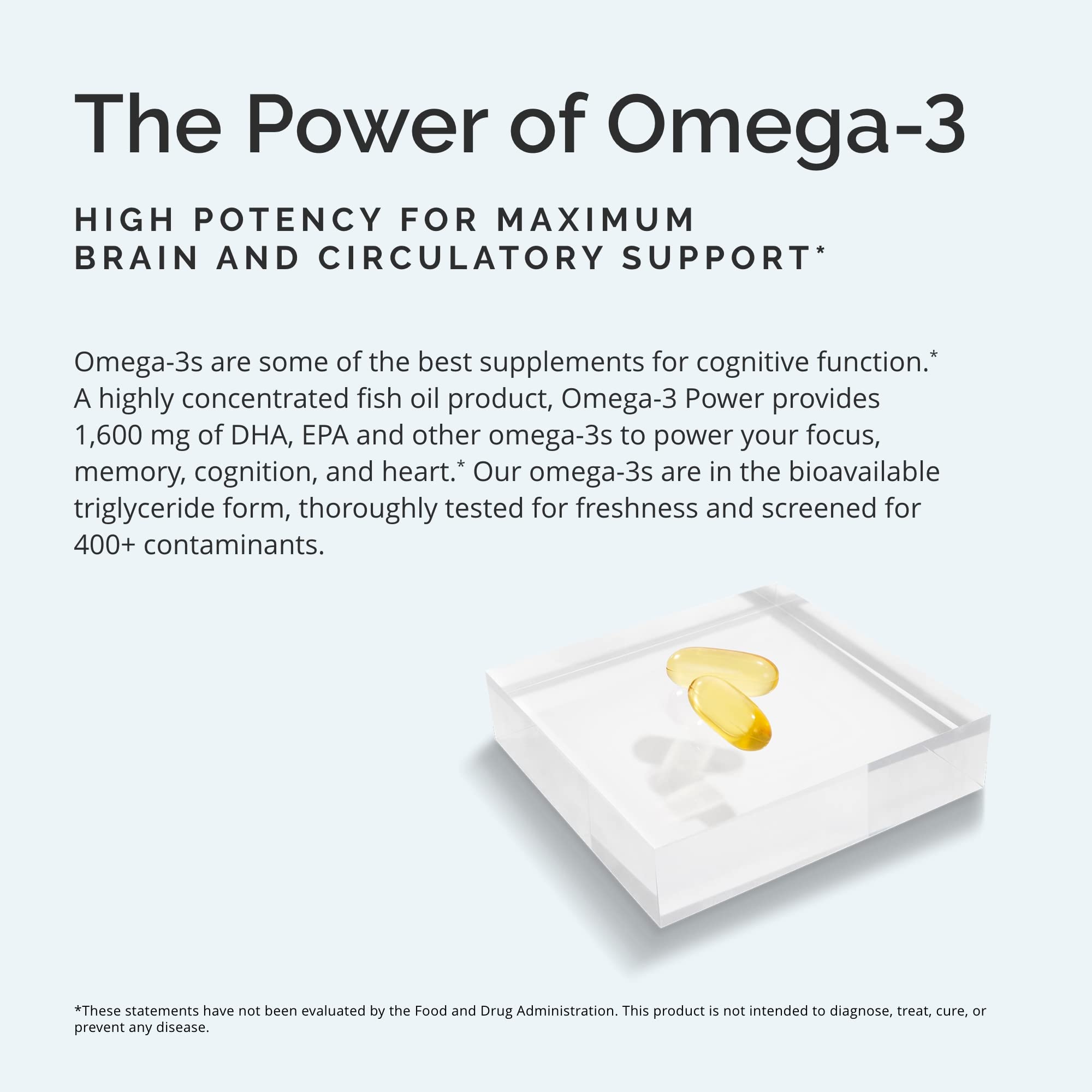 Close-up of the Omega-3 Power label highlighting DHA and EPA