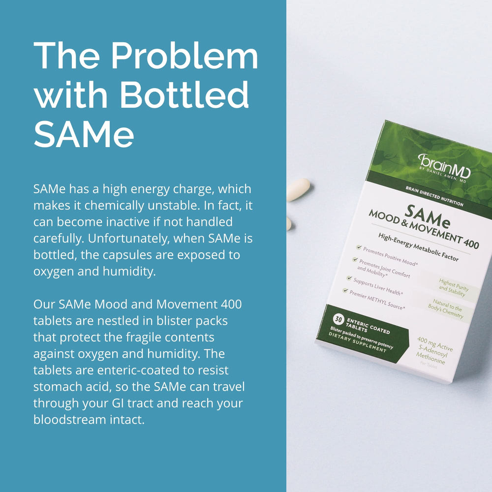 BrainMD Dr Amen SAMe tablets in hand for daily wellness use
