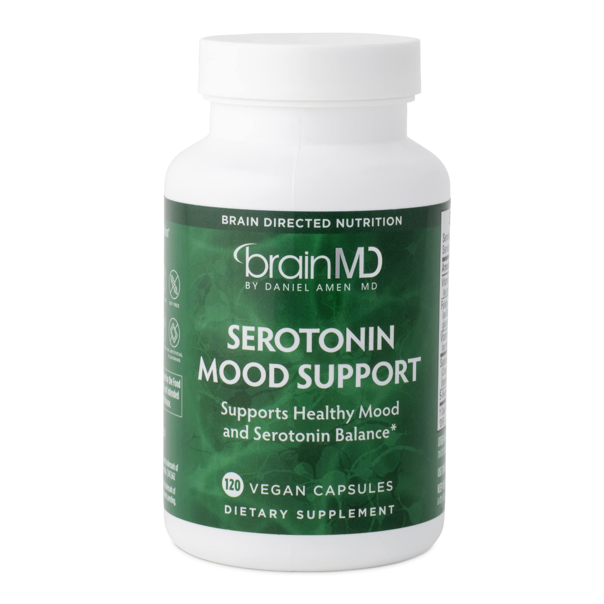 BrainMD Dr Amen Serotonin Mood Support bottle front promotes calmer mood and balanced focus.