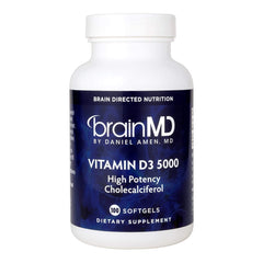 BrainMD Dr Amen Vitamin D3 5000 bottle-front highlights high-potency D3 for daily use.