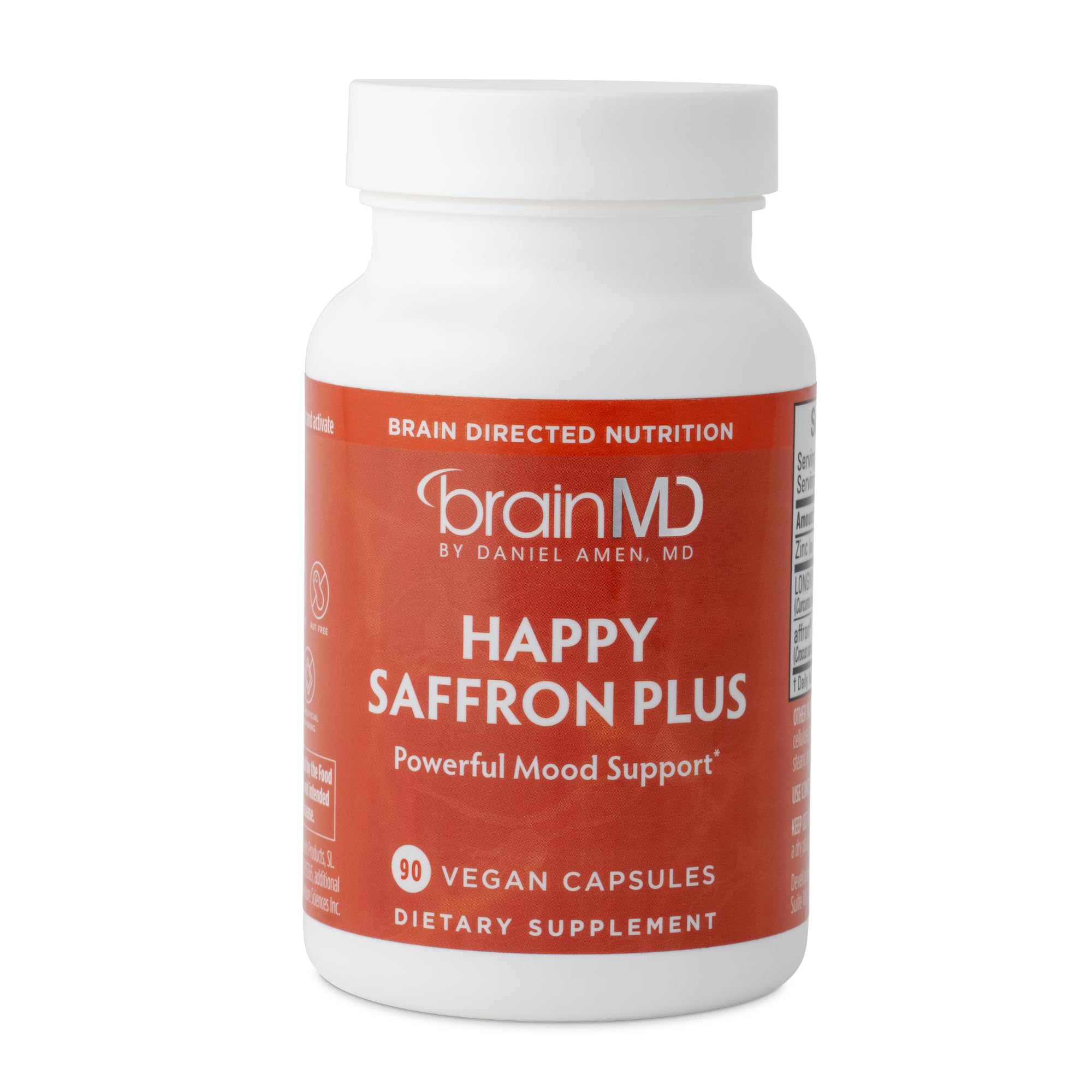 BRAINMD Happy Saffron Plus bottle front, a convenient daily mood and focus support