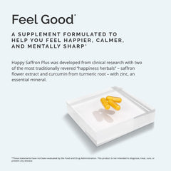 BrainMD Happy Saffron Plus ingredients diagram with saffron, curcumin, and zinc
