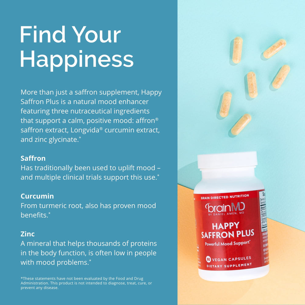 BrainMD Happy Saffron Plus vegan gluten-free label for dietary clarity