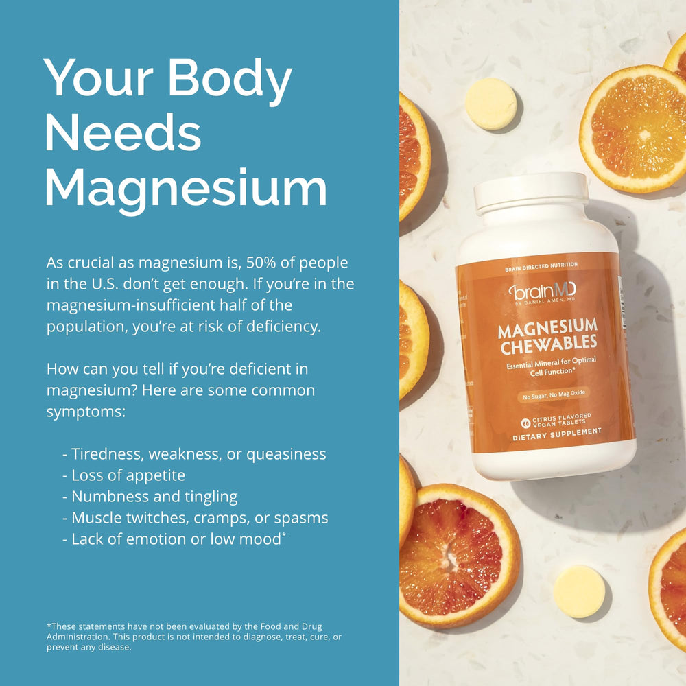 BrainMD magnesium chewables citrus on table to symbolize daily wellness routine.