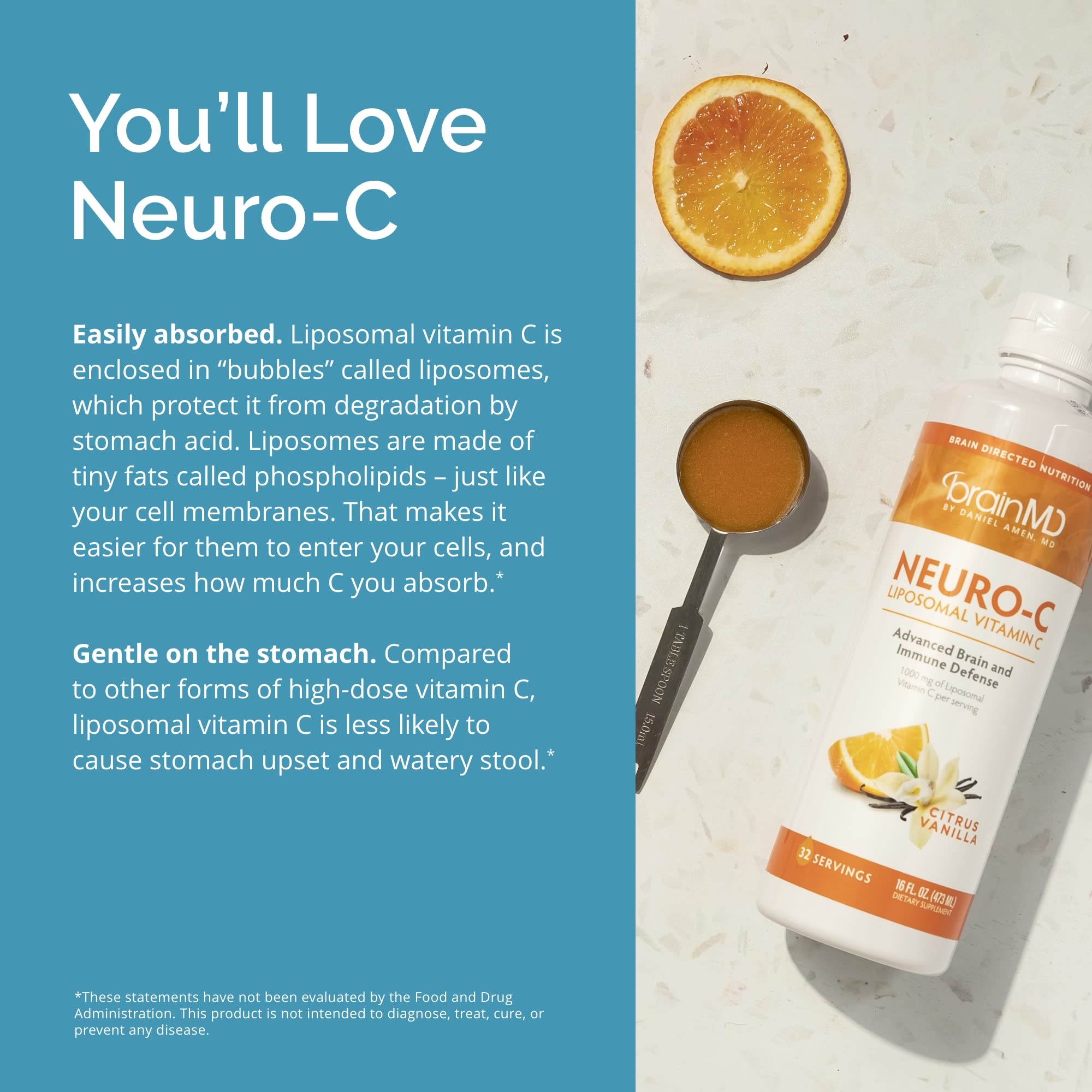 BrainMD Neuro-C Citrus Vanilla label close-up emphasizes purity and gluten-free formula.