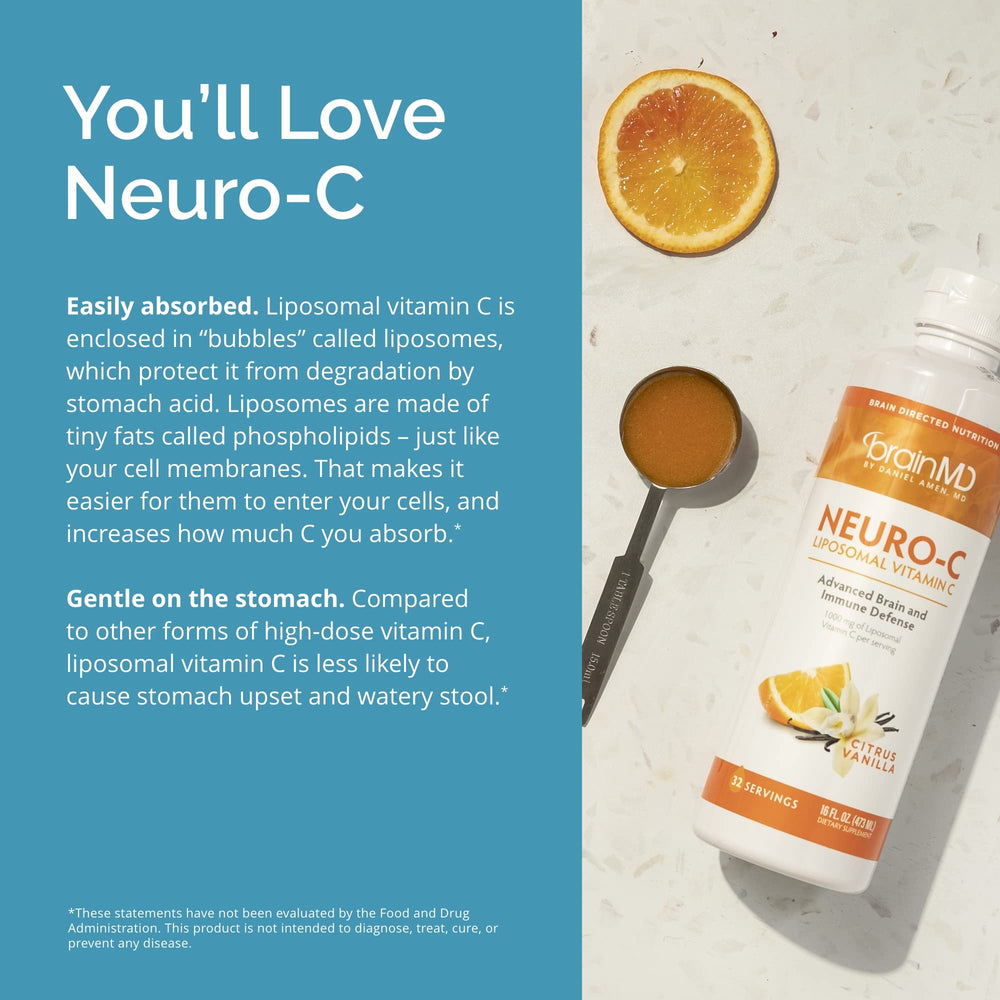 BrainMD Neuro-C Citrus Vanilla label close-up emphasizes purity and gluten-free formula.