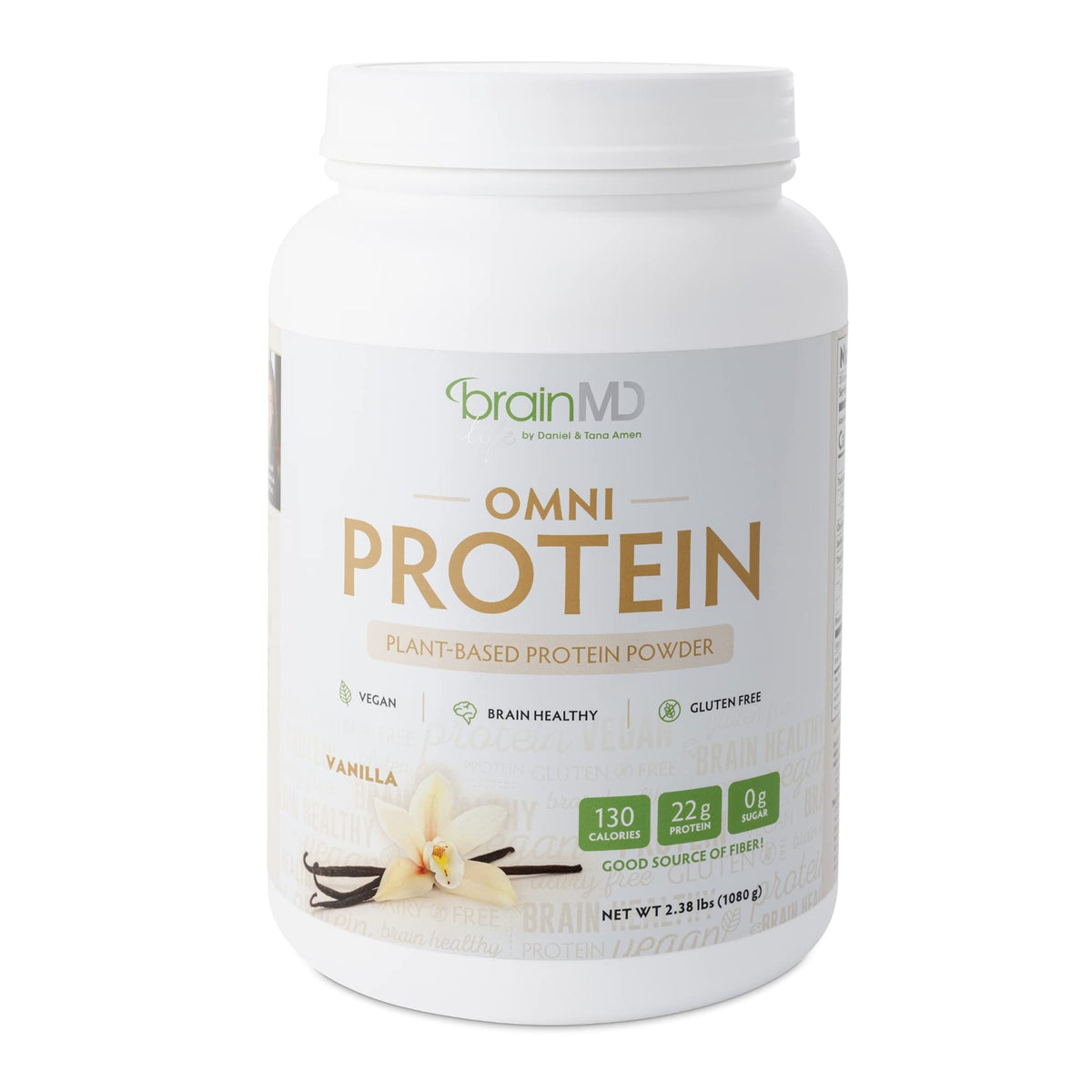 BRAINMD OMNI Protein Vanilla canister front showing energy-supporting vegan protein
