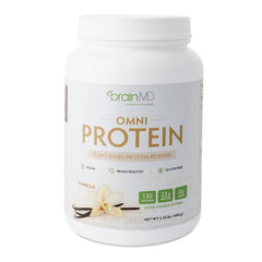 BRAINMD OMNI Protein Vanilla canister front showing energy-supporting vegan protein