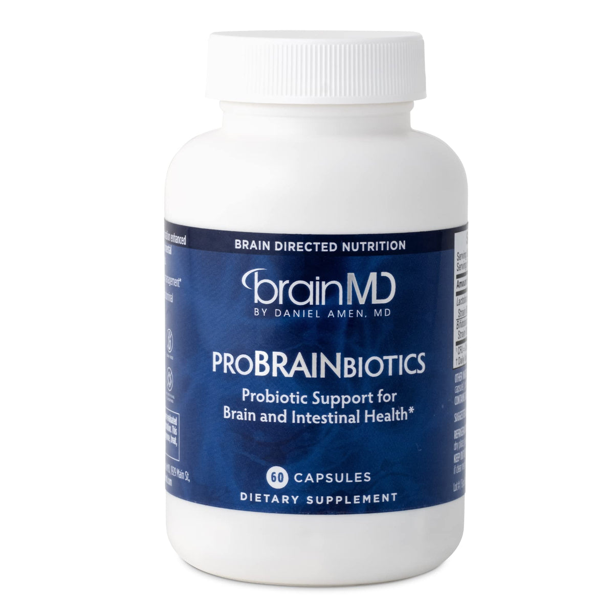 BrainMD ProBrainbiotics bottle front view showing branding and bottle shape for daily gut-brain support.