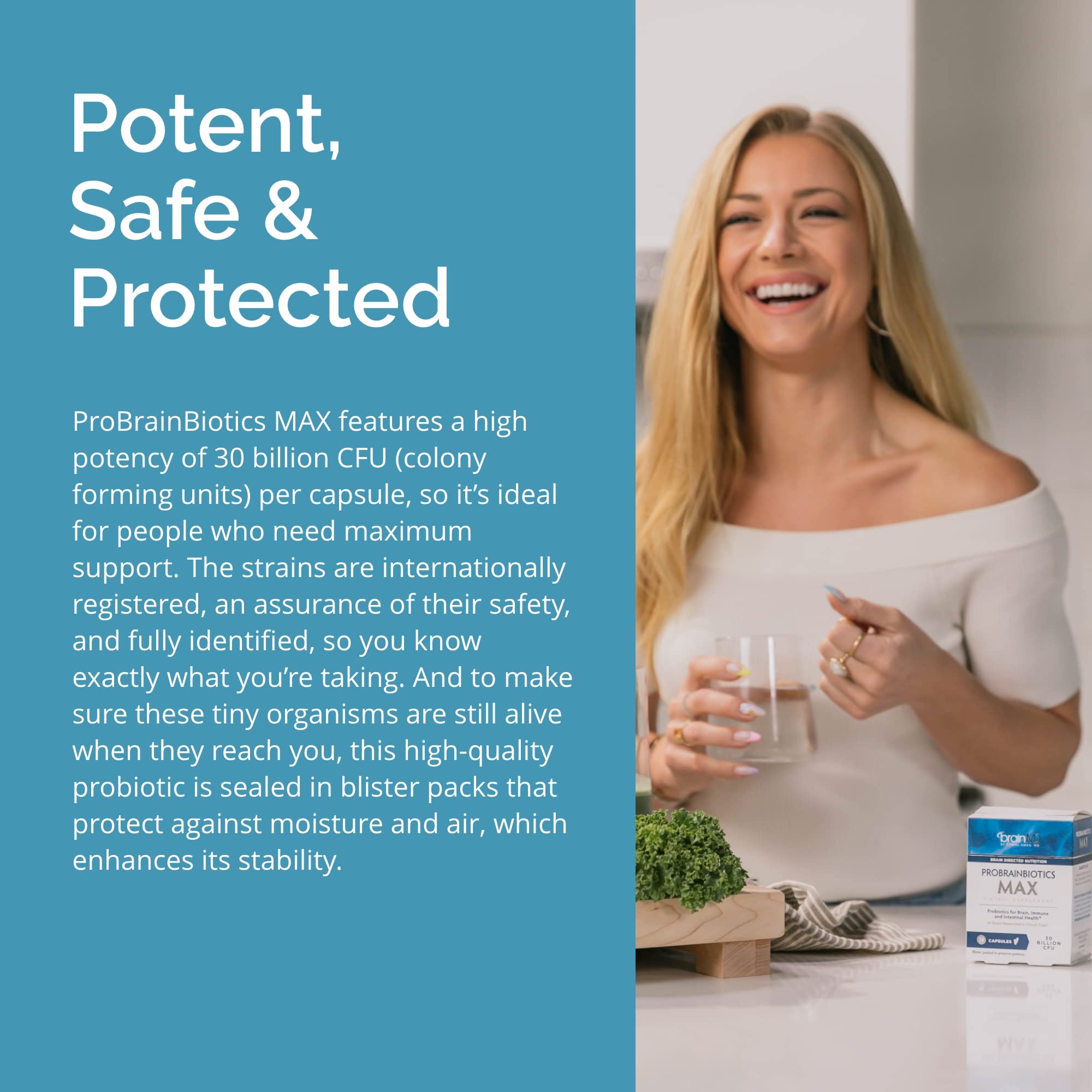 Gluten-free seal on BrainMD ProBrainBiotics Max packaging.