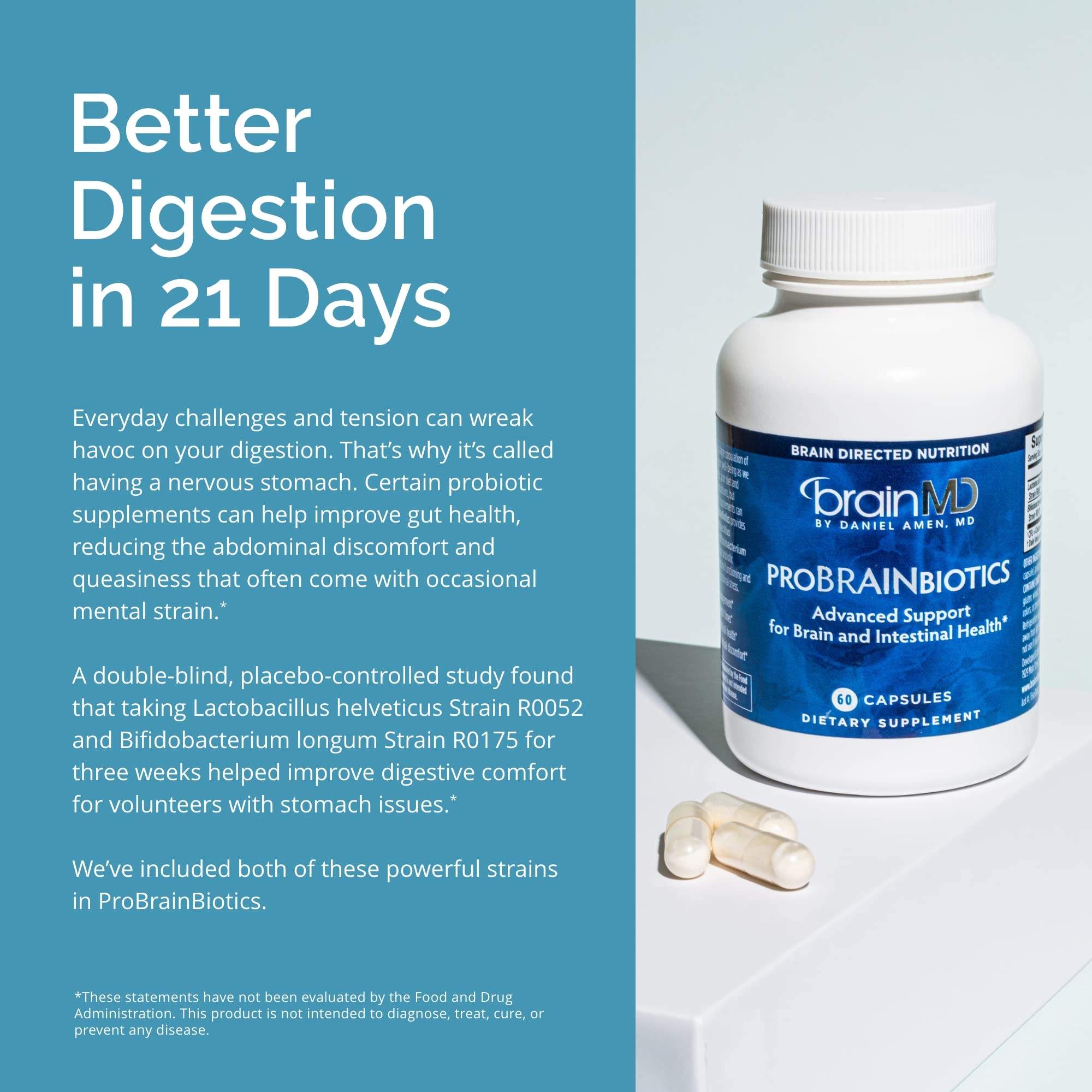 BrainMD ProBrainbiotics display on store shelf emphasizing shelf-stable formulation.