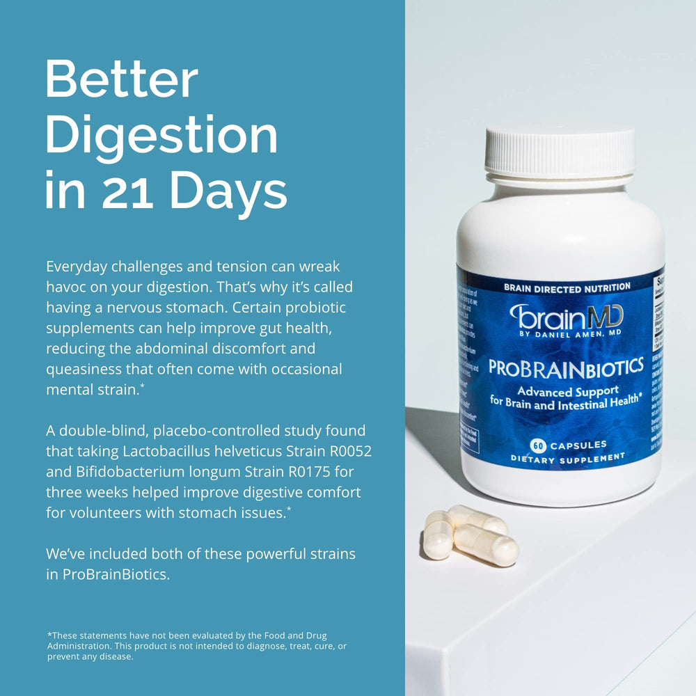 BrainMD ProBrainbiotics display on store shelf emphasizing shelf-stable formulation.