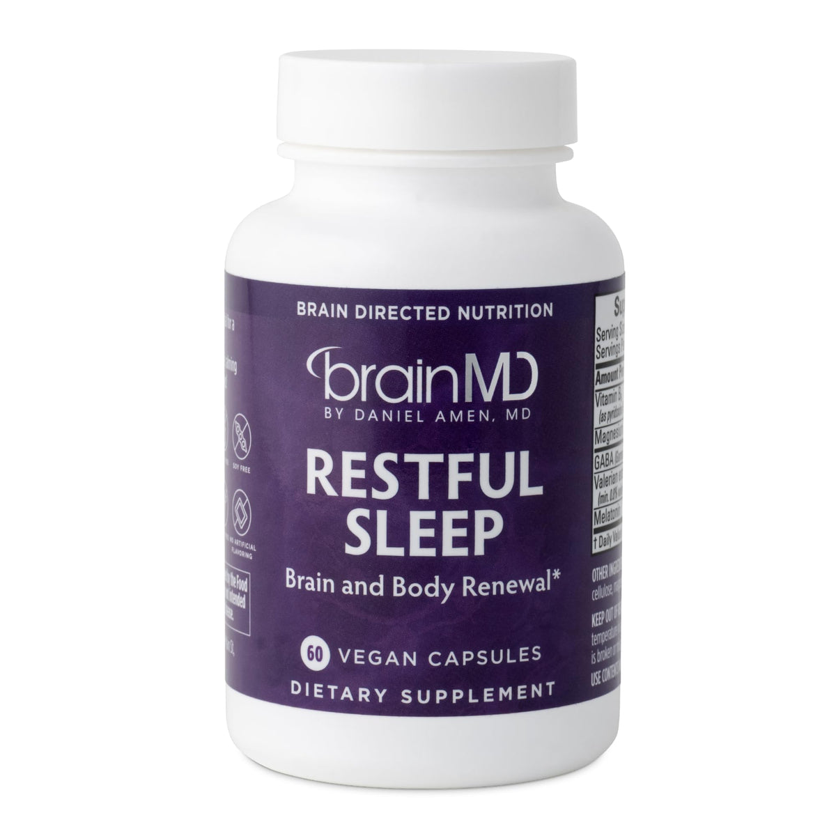 BrainMD Restful Sleep bottle front, signaling non-habit forming night support.
