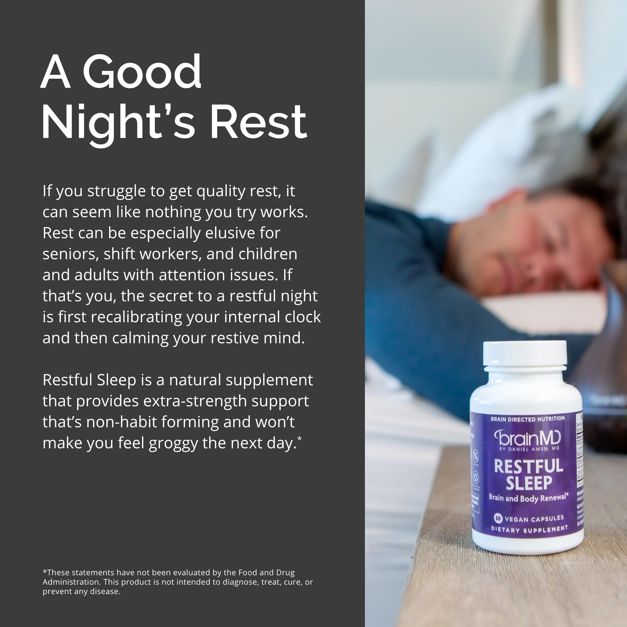 BrainMD Restful Sleep melatonin capsule close-up for bedtime routine.