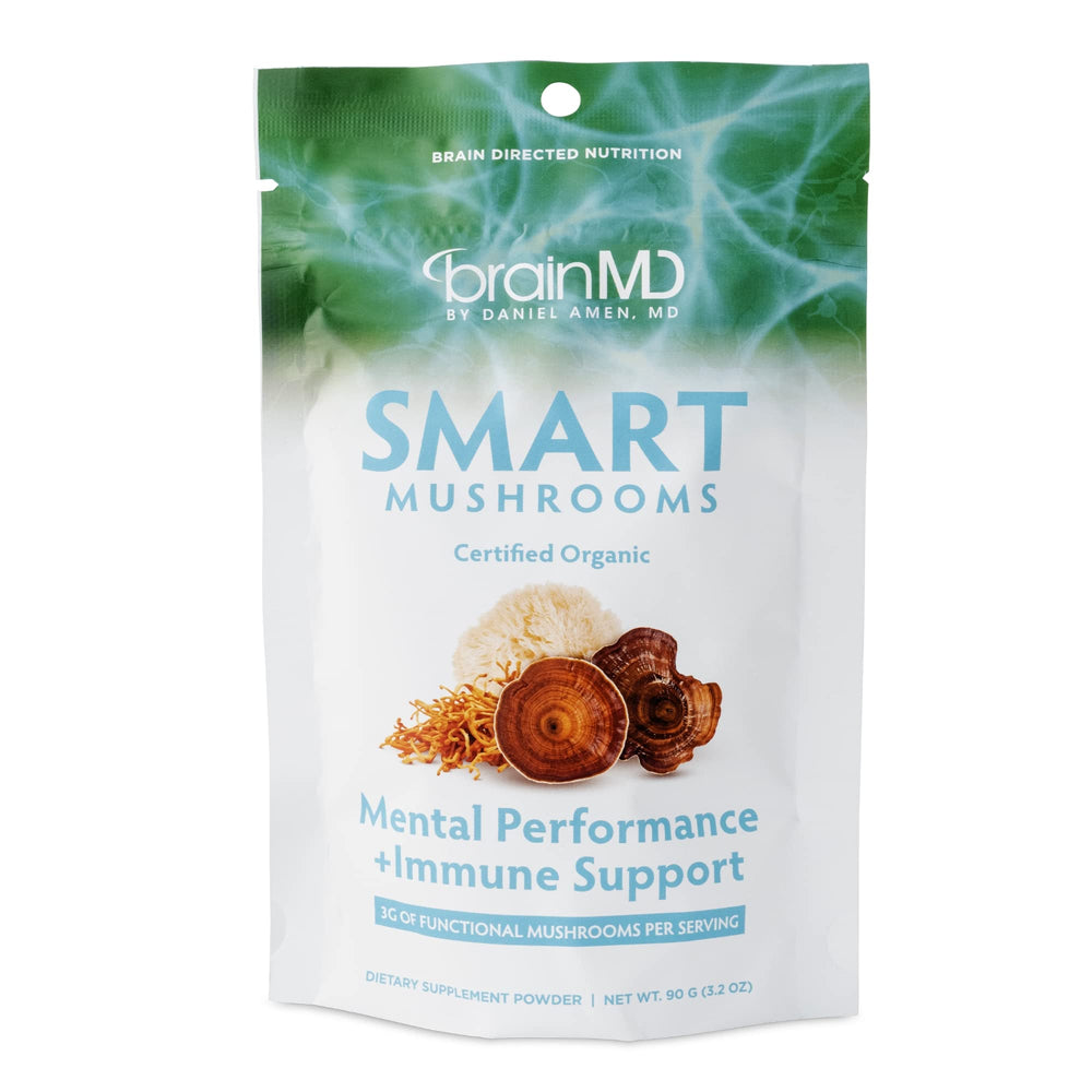 BRAINMD Smart Mushrooms bottle front shows a vegan supplement for focus and immune support.