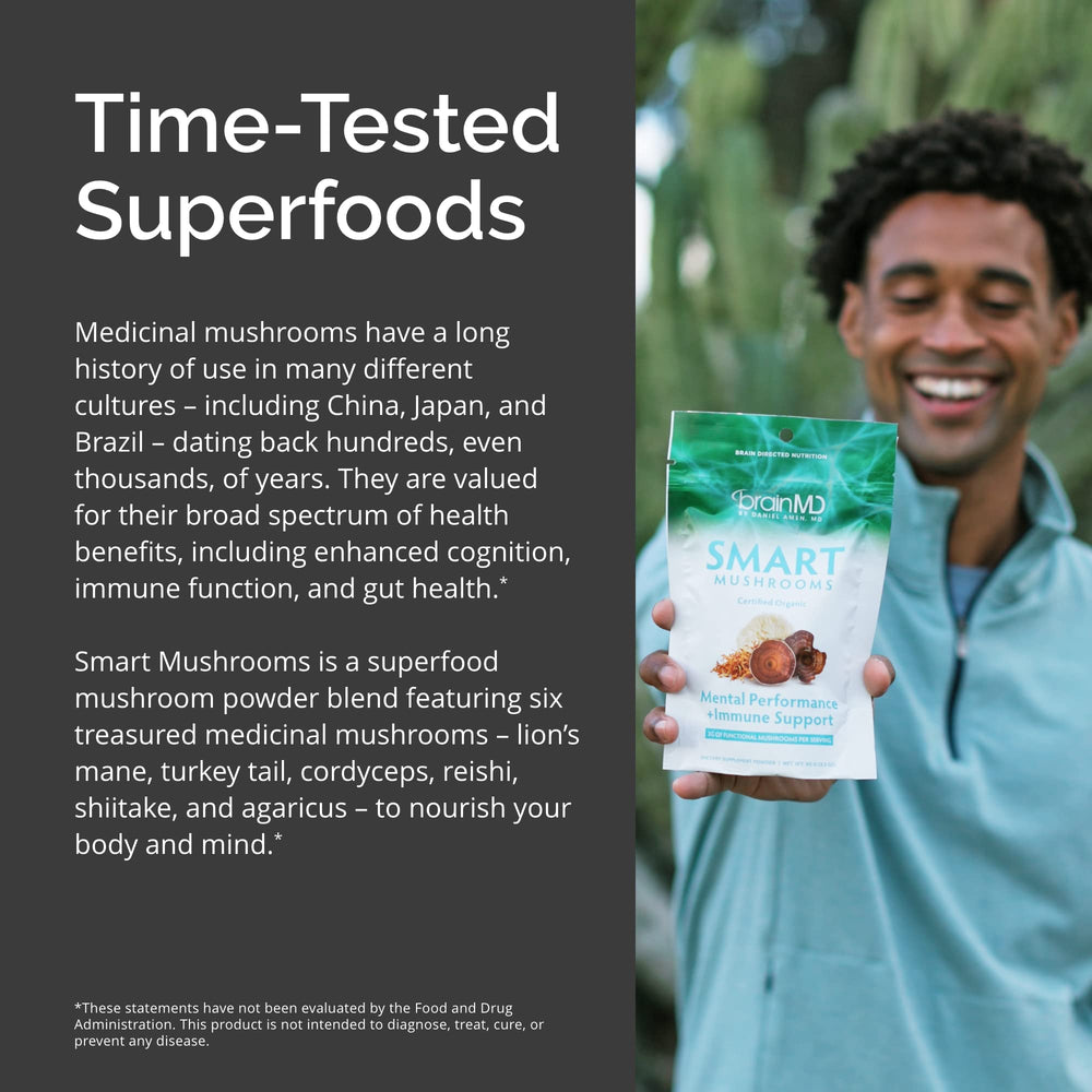 BRAINMD Smart Mushrooms ingredients glance lists mushroom types and nutrient highlights.