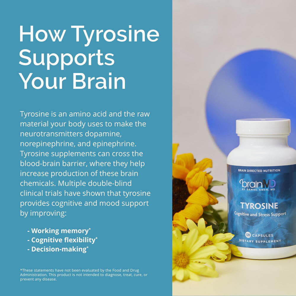 BrainMD Tyrosine dosage card showing serving size and guidance.
