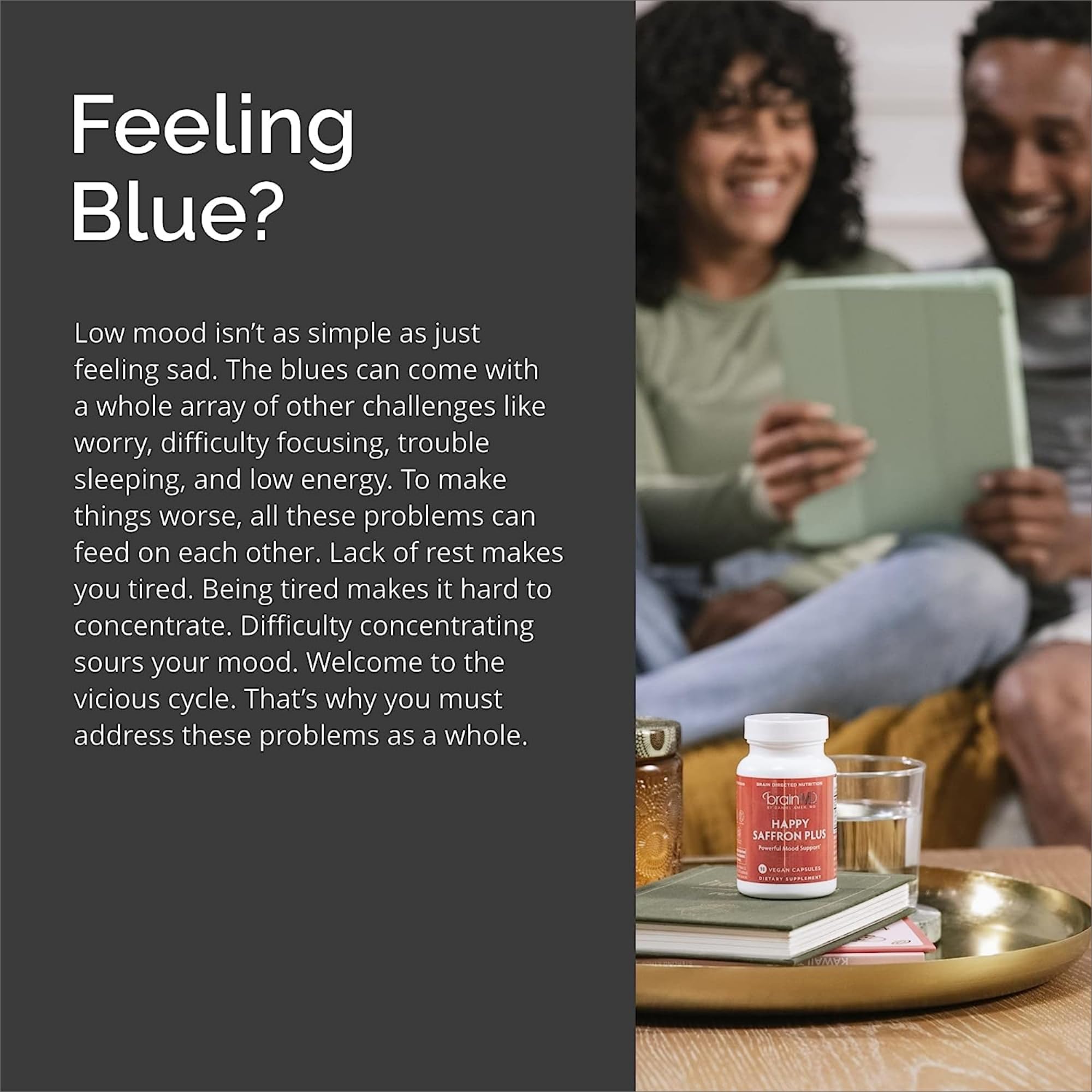 Vegan and gluten-free badge on BRAINMD Happy Saffron Plus packaging