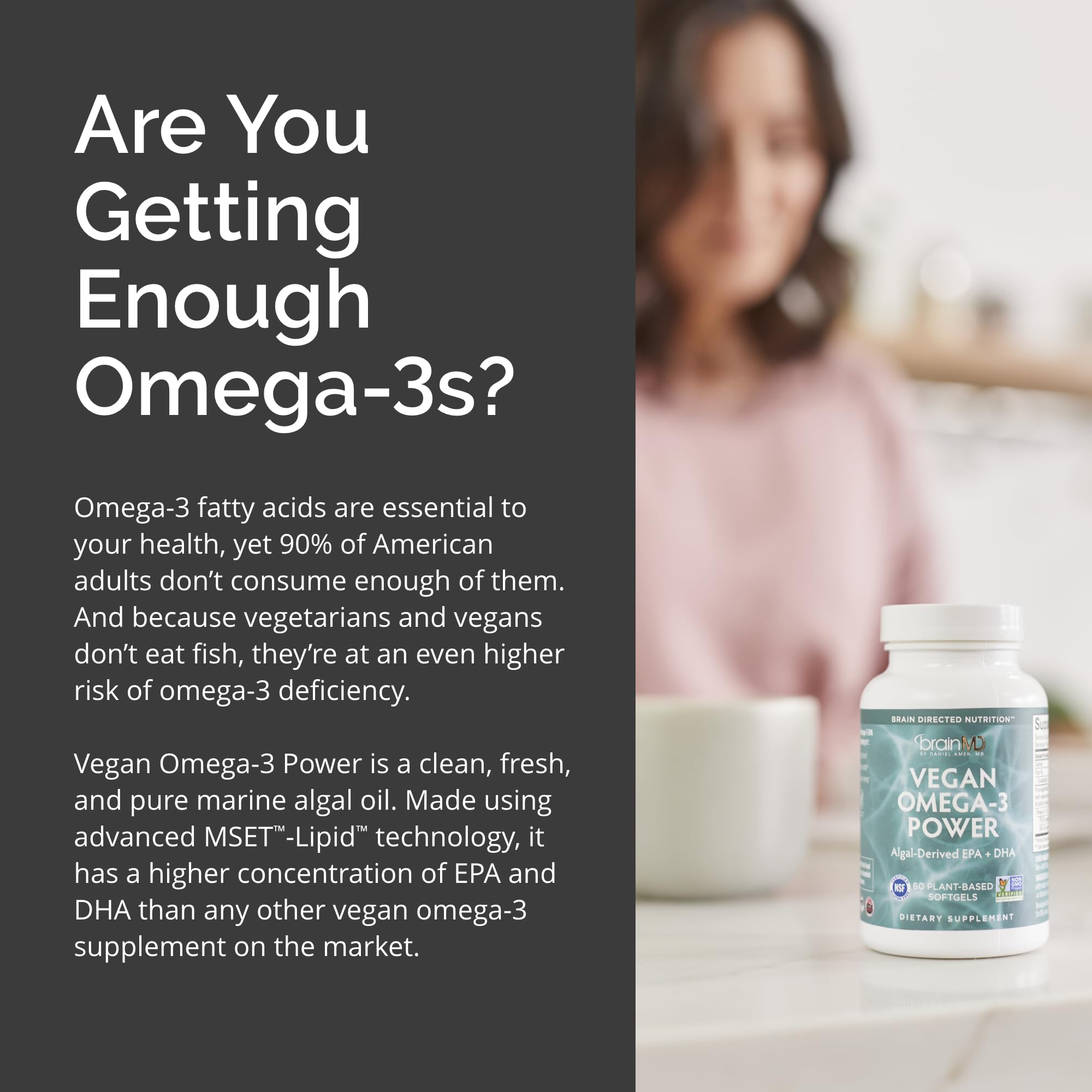 BrainMD Vegan Omega-3 Power scene in a clean kitchen setting suggesting daily use