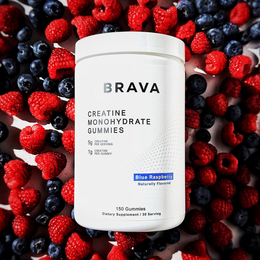 BRAVA Creatine Gummies close-up texture, showcasing chewy bite and color