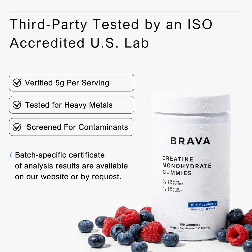 BRAVA Creatine Gummies ingredients label, showcasing no artificial additives