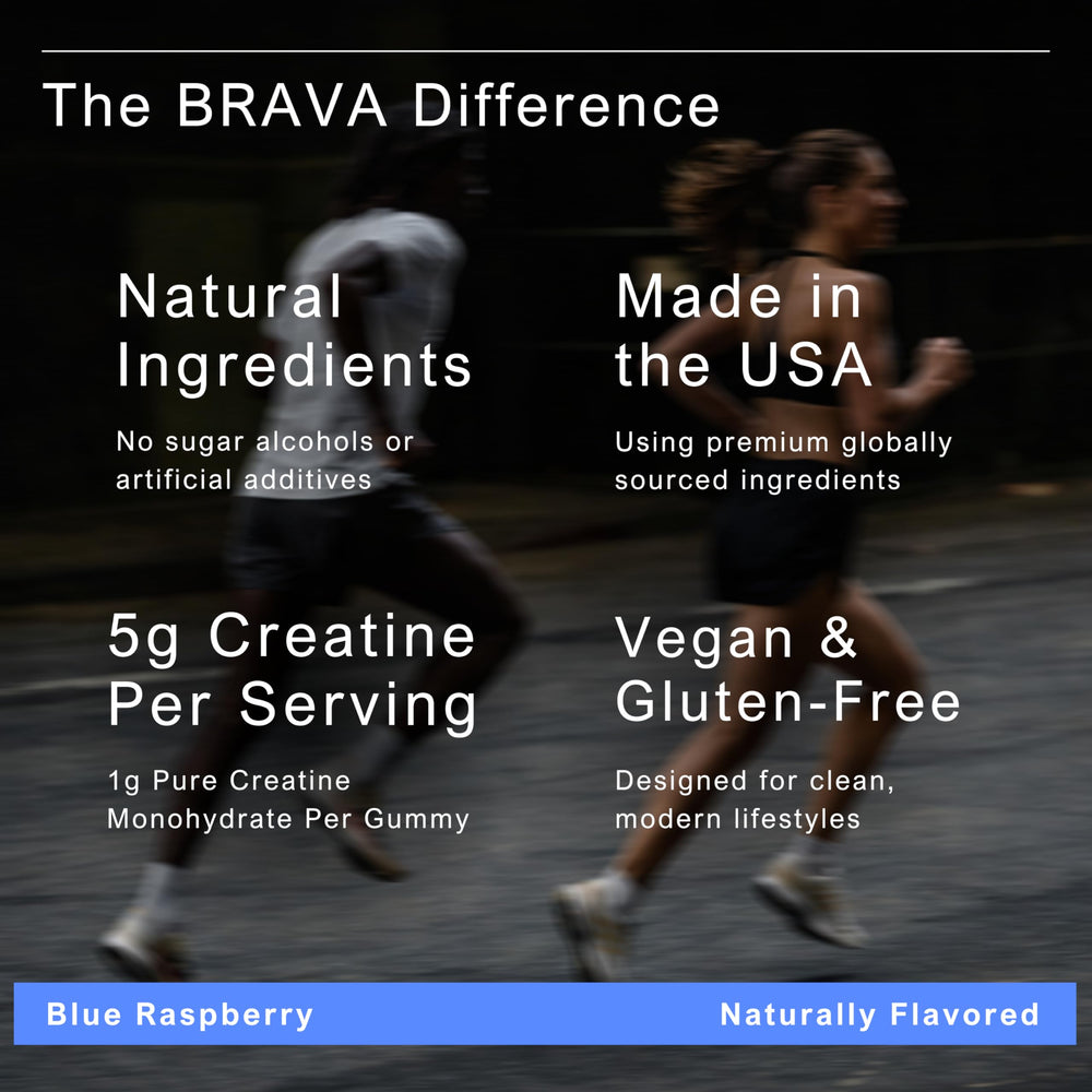 BRAVA Creatine Gummies serving poured, ready for quick daily dosing on busy days