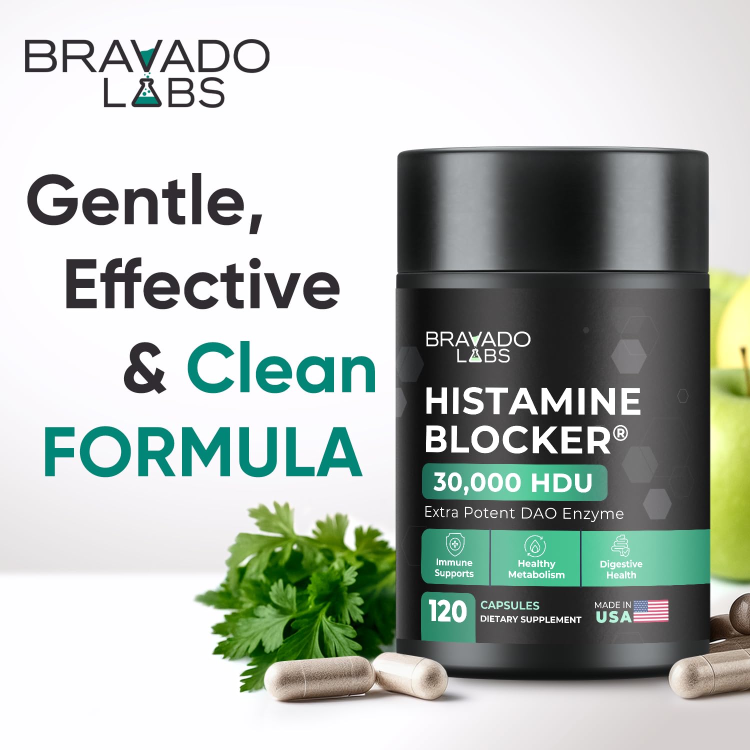 Bravado Labs DAO enzyme capsules close-up for histamine digestion support.